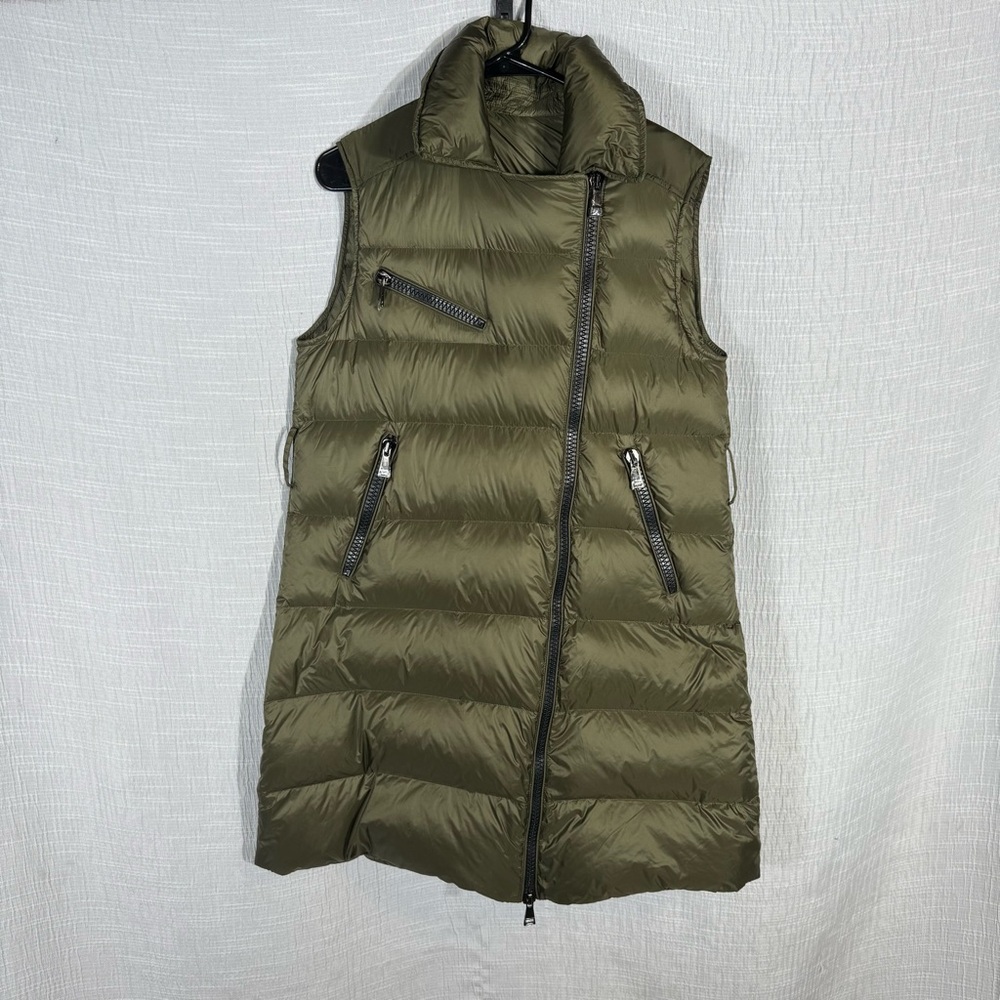 Olive Green Down-Filled Long Puffer Vest Size 2 |‎ Asymmetrical Zip Quilted Vest - Picture 2 of 15